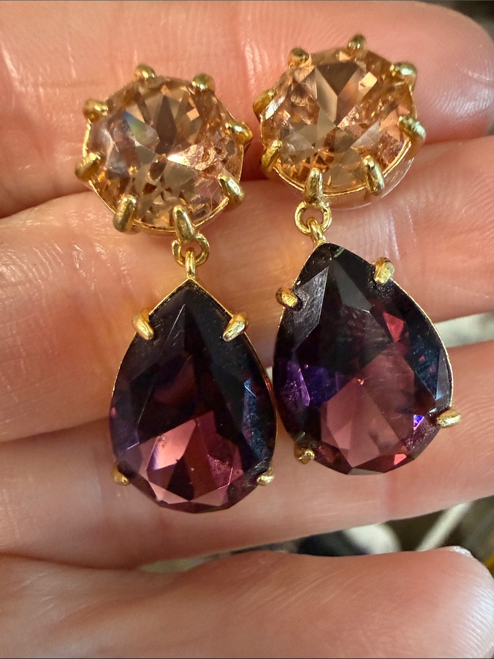 Gold-Tone Purple Teardrop Drop Earrings with Champagne Studs